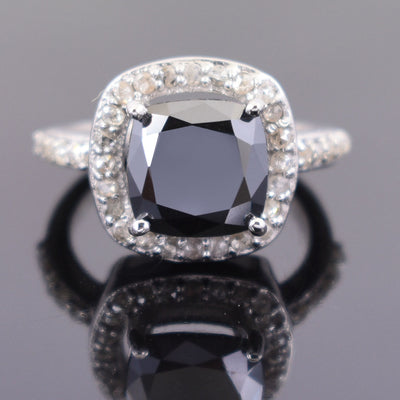 4 Ct Cushion Black Diamond Designer Ring With Diamond Accents - ZeeDiamonds