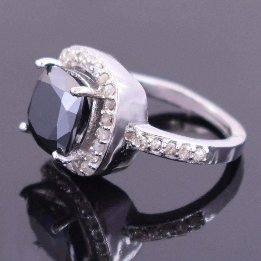 4 Ct Cushion Black Diamond Designer Ring With Diamond Accents - ZeeDiamonds