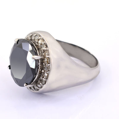 Huge & Rare, 11 Ct Black Diamond Solitaire Ring With Diamond Accents - ZeeDiamonds