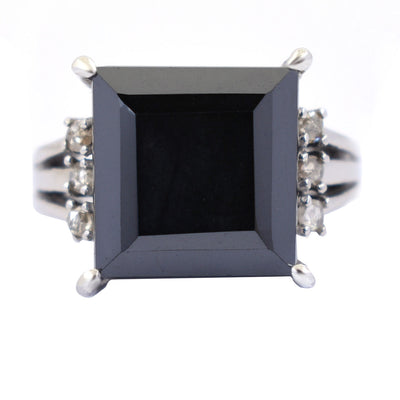 9.5 Ct, Princess Shape, Black Diamond Ring With Diamond Accents - ZeeDiamonds