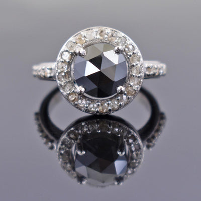 2.65 Ct Round Cut Black Diamond Solitaire Cocktail Ring with Diamond Accents - ZeeDiamonds