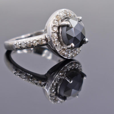 2.55 Ct Rose Cut Black Diamond Solitaire Cocktail Ring with Diamond Accents - ZeeDiamonds