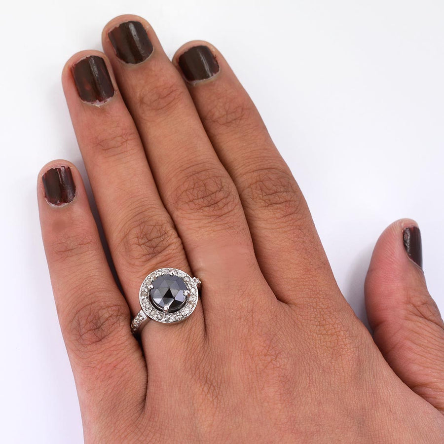 2.55 Ct Rose Cut Black Diamond Solitaire Cocktail Ring with Diamond Accents - ZeeDiamonds