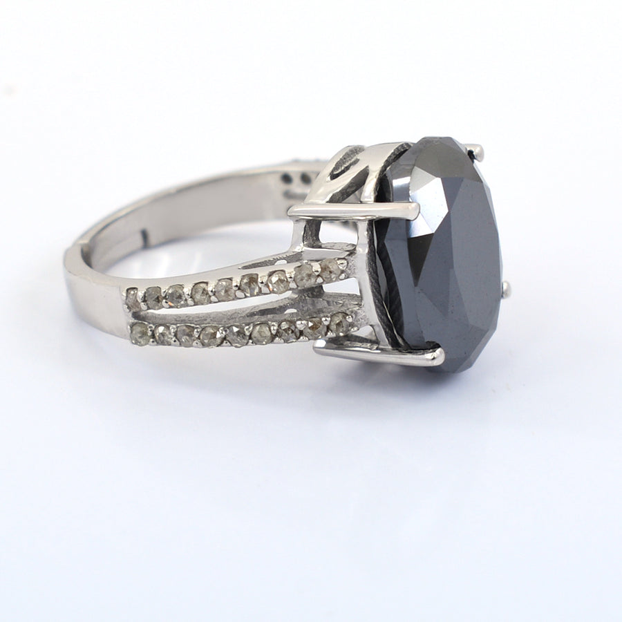 7 Ct Black Diamond Ring With Rose Cut Diamond Accents - ZeeDiamonds