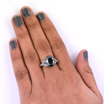 6 Ct Black Diamond Solitaire Cocktail Ring with White Diamond Accents - ZeeDiamonds