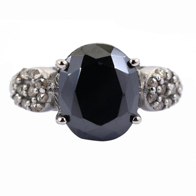 6.55 Ct Black Diamond Solitaire Cocktail Ring with Diamond Accents - ZeeDiamonds