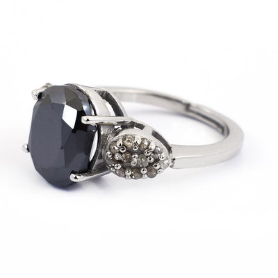 6.55 Ct Black Diamond Solitaire Cocktail Ring with Diamond Accents - ZeeDiamonds