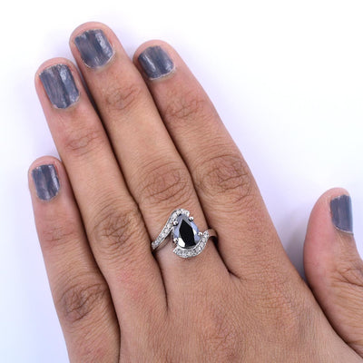 2.5 Ct Certified Pear Shape Black Diamond Ring With Diamond Accents - ZeeDiamonds