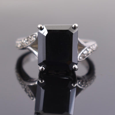 7 Ct Certified Emerald Cut Black Diamond Ring With Diamond Accents - ZeeDiamonds