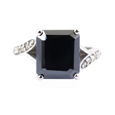 7 Ct Certified Emerald Cut Black Diamond Ring With Diamond Accents - ZeeDiamonds