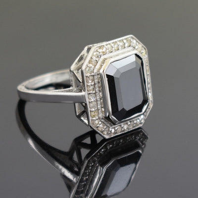 5.30 Ct Black Diamond Solitaire Cocktail Ring with Diamond Accents - ZeeDiamonds