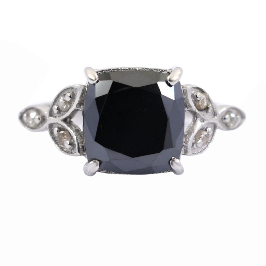4.30 Cts Cushion Cut Black Diamond with White Diamond Accents Designer Ring - ZeeDiamonds