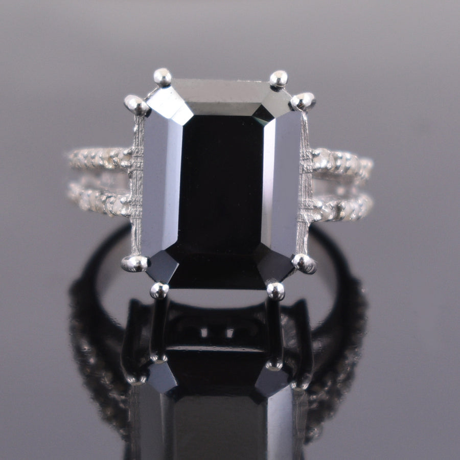 9.15 Ct Princess Cut Black Diamond Designer Ring with Diamond Accents - ZeeDiamonds