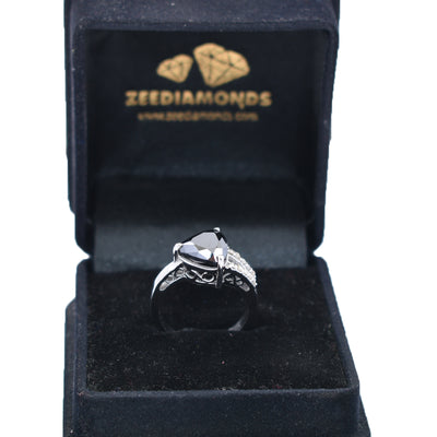 4.20 Ct Black Diamond Solitaire Designer Ring with White Diamond Accents - ZeeDiamonds