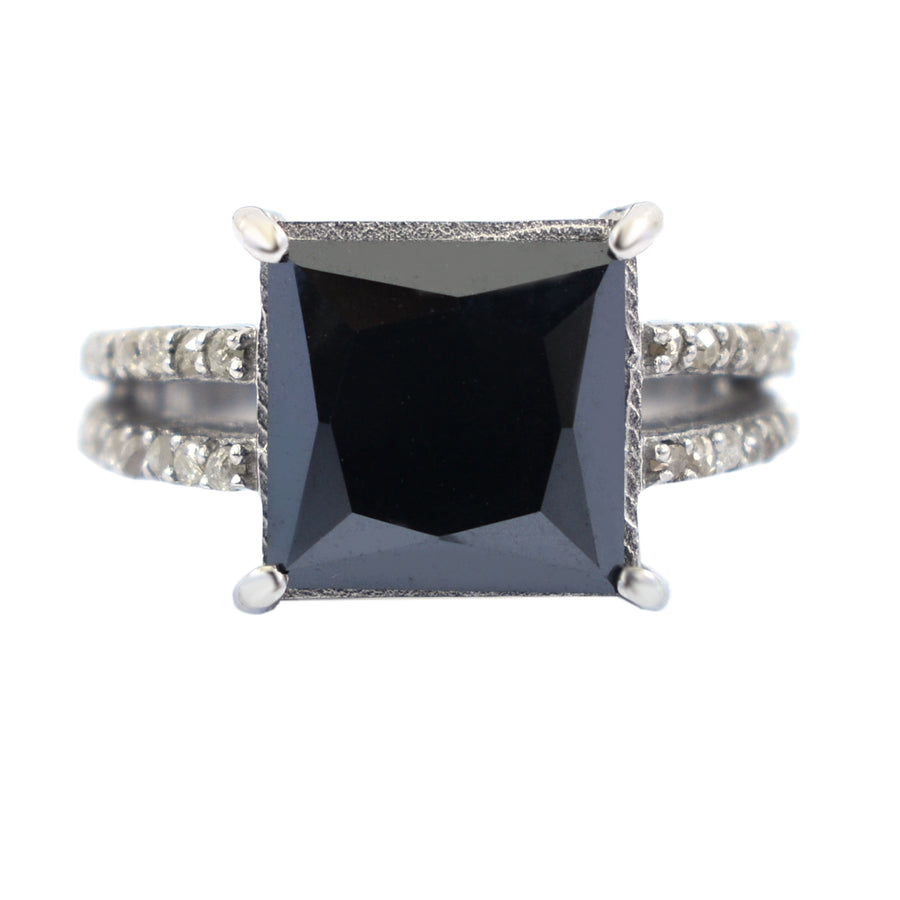 4.70 Ct Princess Cut Black Diamond Cocktail Ring with Diamond Accents - ZeeDiamonds