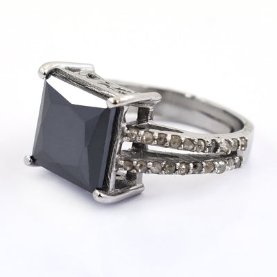 4.70 Ct Princess Cut Black Diamond Cocktail Ring with Diamond Accents - ZeeDiamonds