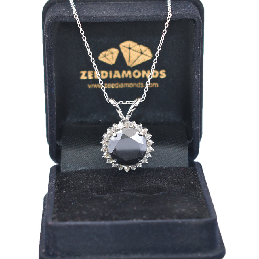 9.60 Ct Brilliant Cut Black Diamond Pendant with White Diamond Accents - ZeeDiamonds