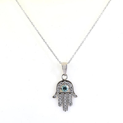 Blue Diamond Hamsa Hand Pendant-AAA Certified. Brings good luck! - ZeeDiamonds