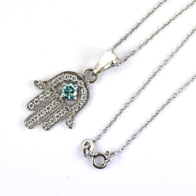 Blue Diamond Hamsa Hand Pendant-AAA Certified. Brings good luck! - ZeeDiamonds