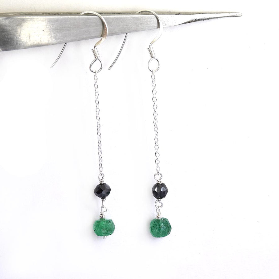3.15 Ct Black Diamond with Emerald Bead Fancy Earrings in Sterling Silver - ZeeDiamonds