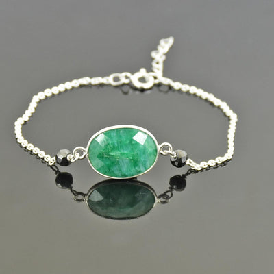 4 mm Black Diamond Beads with Emerald Gemstone Bracelet In Sterling Silver - ZeeDiamonds