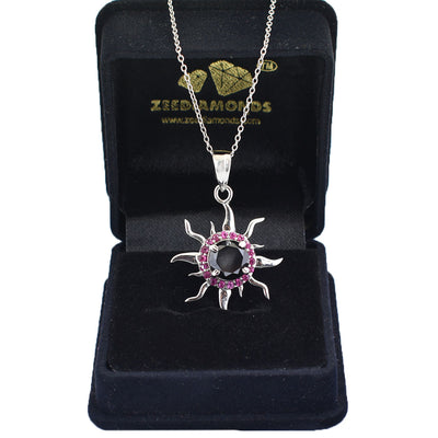 4 Ct AAA Certified Black Diamond Sun Pendant with Ruby Accents - ZeeDiamonds