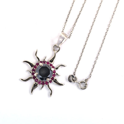 4 Ct AAA Certified Black Diamond Sun Pendant with Ruby Accents - ZeeDiamonds