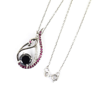 1.50 Ct Certified Black Diamond Swan Pendant with Ruby & White stones Accents - ZeeDiamonds