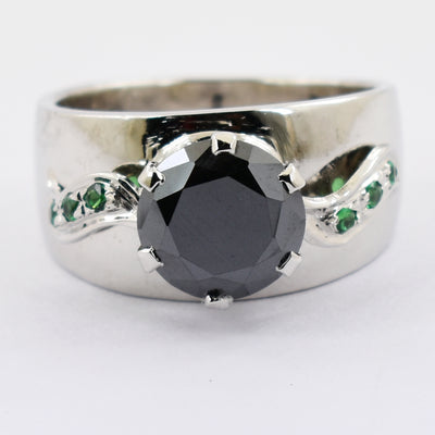 2-4 Ct Round Brilliant Cut Black Diamond Solitaire Ring With Emerald Accents - ZeeDiamonds