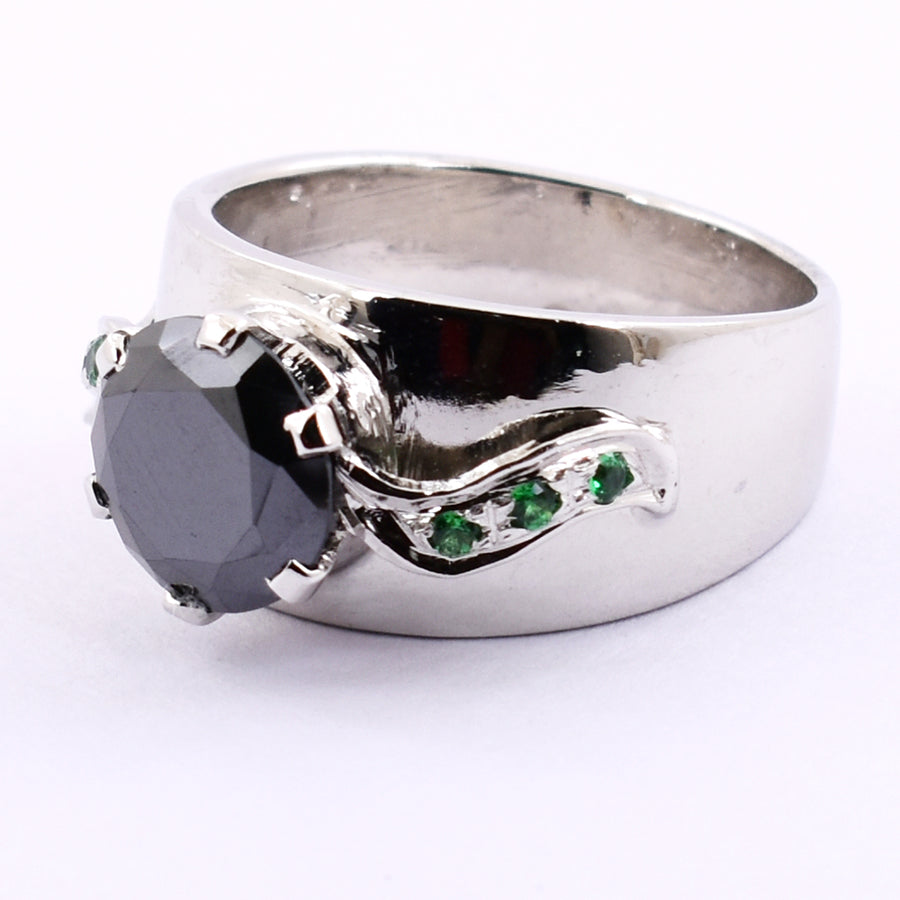 2-4 Ct Round Brilliant Cut Black Diamond Solitaire Ring With Emerald Accents - ZeeDiamonds
