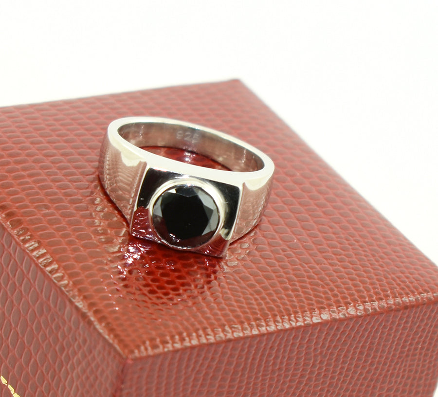 1.5 Ct Certified Round Cut Black Diamond Ring in Silver - ZeeDiamonds