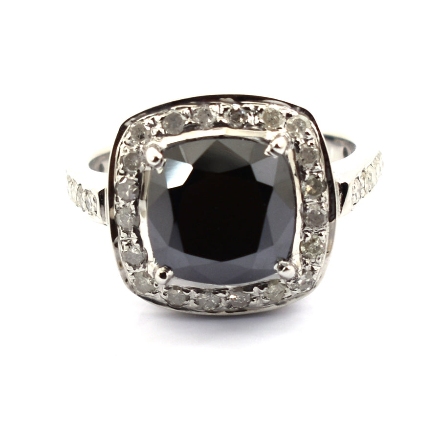 4 Ct Cushion Shape Black Diamond Ring With White Diamond Accents - ZeeDiamonds