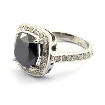 4 Ct Cushion Shape Black Diamond Ring With White Diamond Accents - ZeeDiamonds