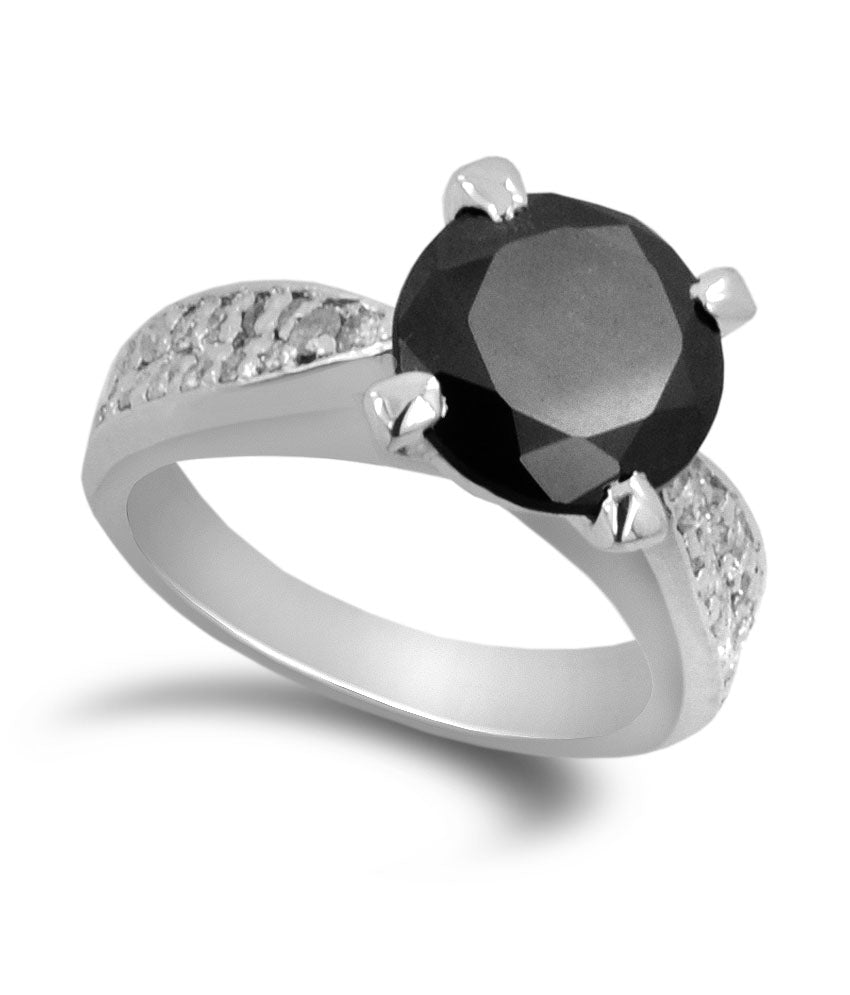 1.50 Ct AAA Quality Black Diamond Solitaire Ring with Diamond Accents, Great Luster - ZeeDiamonds