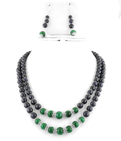 Two Row Blue Sapphire and Cabochon Emerald Beads Necklace - ZeeDiamonds