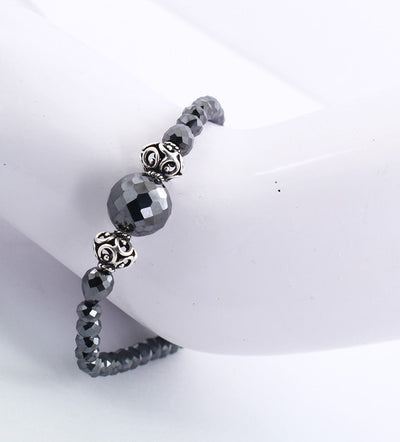 6 mm Black Diamond Beads with (Center 10 mm Bead) Silver Moti Bracelet - ZeeDiamonds