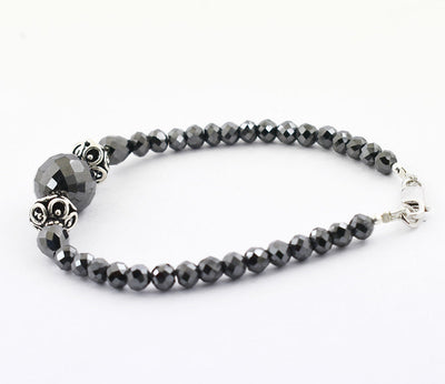 6 mm Black Diamond Beads with (Center 10 mm Bead) Silver Moti Bracelet - ZeeDiamonds