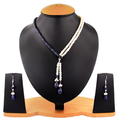 3- 4 mm Pearl And Blue Sapphire Gemstone Beads Two Row Necklace - ZeeDiamonds