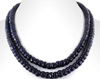 8 mm, 2 Row, Round Faceted Blue Sapphire Gemstone Necklace - ZeeDiamonds