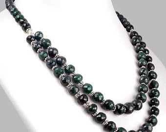 4-5 mm Emerald Beads & Blue Sapphire Silver (Goli) Fancy Necklace, Gift For Birthday - ZeeDiamonds