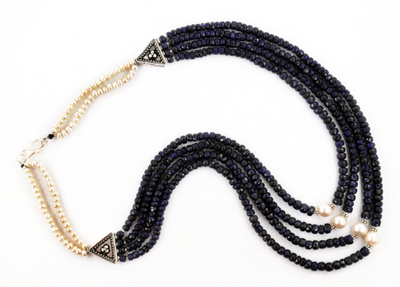 Four Row Faceted Blue Sapphire Necklace With Pearls - ZeeDiamonds