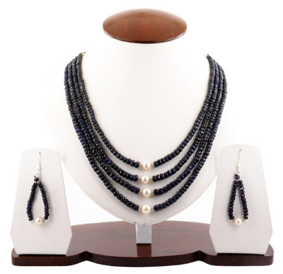 Four Row Faceted Blue Sapphire Necklace With Pearls - ZeeDiamonds