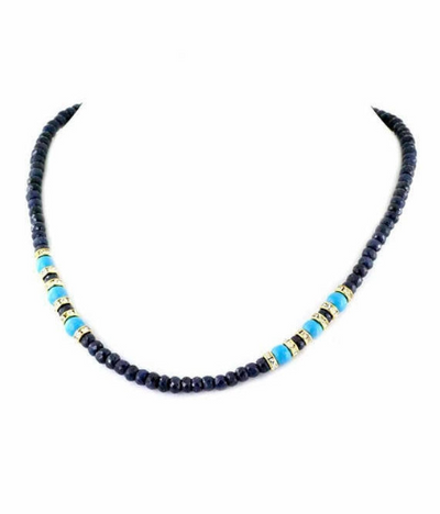4-5 mm Faceted Blue Sapphire Necklace with Turquoise Beads - ZeeDiamonds