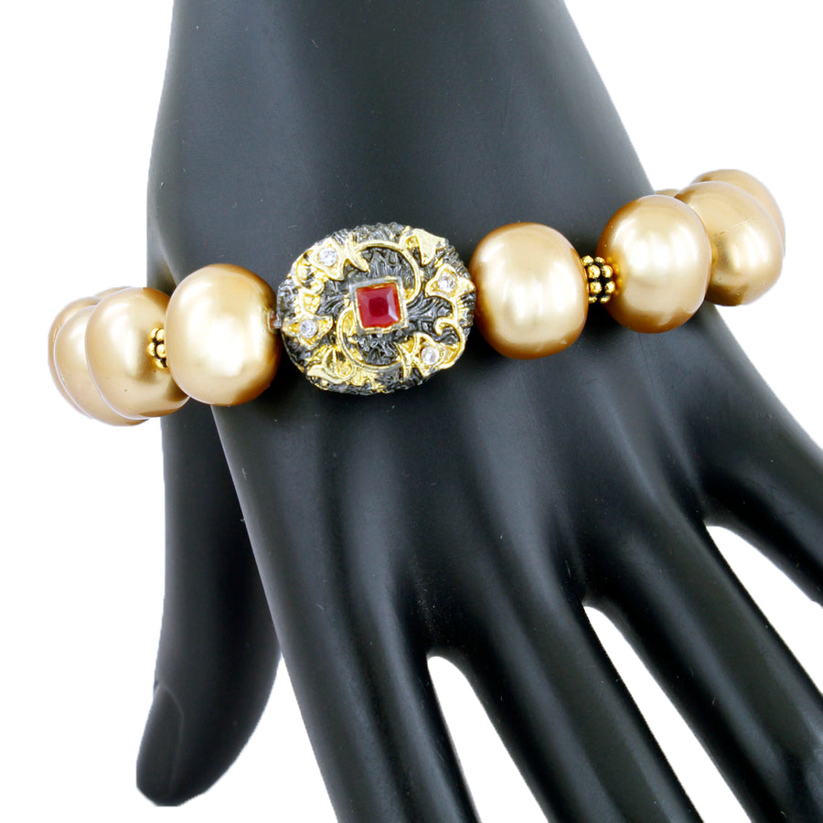 12 mm Golden Shell Pearl Bracelet With Designer Vintage Bead For Women's Gift - ZeeDiamonds