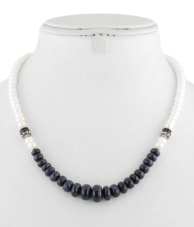 5 mm 100% Certified Blue Sapphire Beads & Pearl (Moti) Fancy Necklace In 925 Sterling Silver - ZeeDiamonds