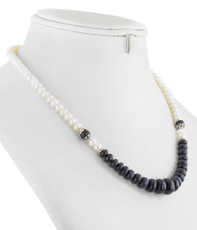 5 mm 100% Certified Blue Sapphire Beads & Pearl (Moti) Fancy Necklace In 925 Sterling Silver - ZeeDiamonds