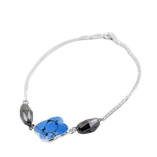 8 Carat Black Diamond with Blue Chalcedony Bead Bracelet in Sterling Silver - ZeeDiamonds