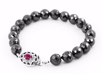 9 mm Black Diamond Beads Bracelet with Ruby Gemstone Silver Clasp - ZeeDiamonds