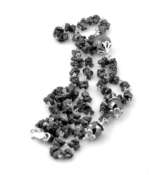 Rough Black Diamond Bead Necklace In Lariat Style.Great Shine! - ZeeDiamonds