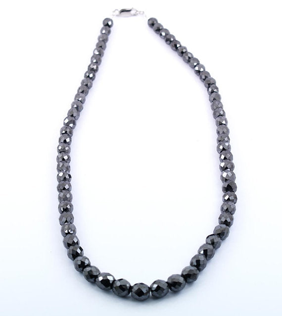 Certified 8 mm Round Faceted Black Diamond Beads Necklace-Great Sparkle! 18 to 24 options.